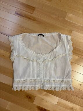 Zara White Lace-Trim Cropped Blouse